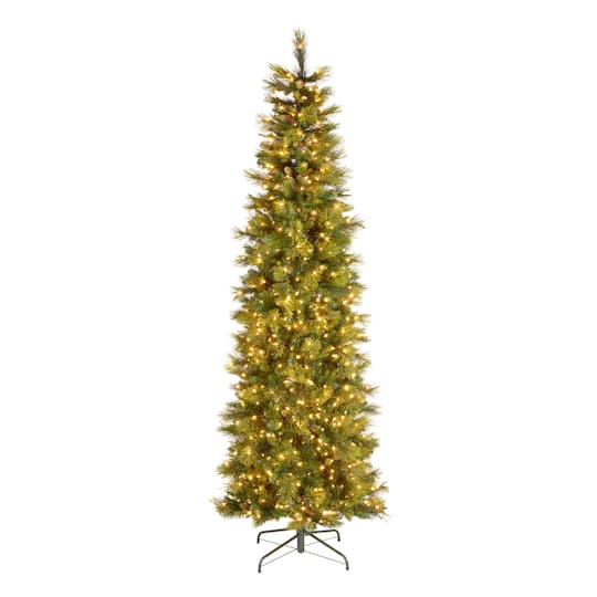 9 ft. Pre-Lit Carolina Pine Slim Artificial Christmas Tree with Flocked Pine Cones, Clear Lights